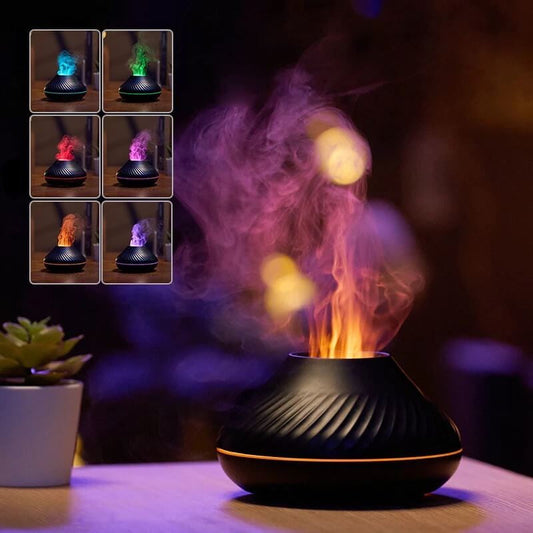 Volcano flame aroma diffuser with coloured mist