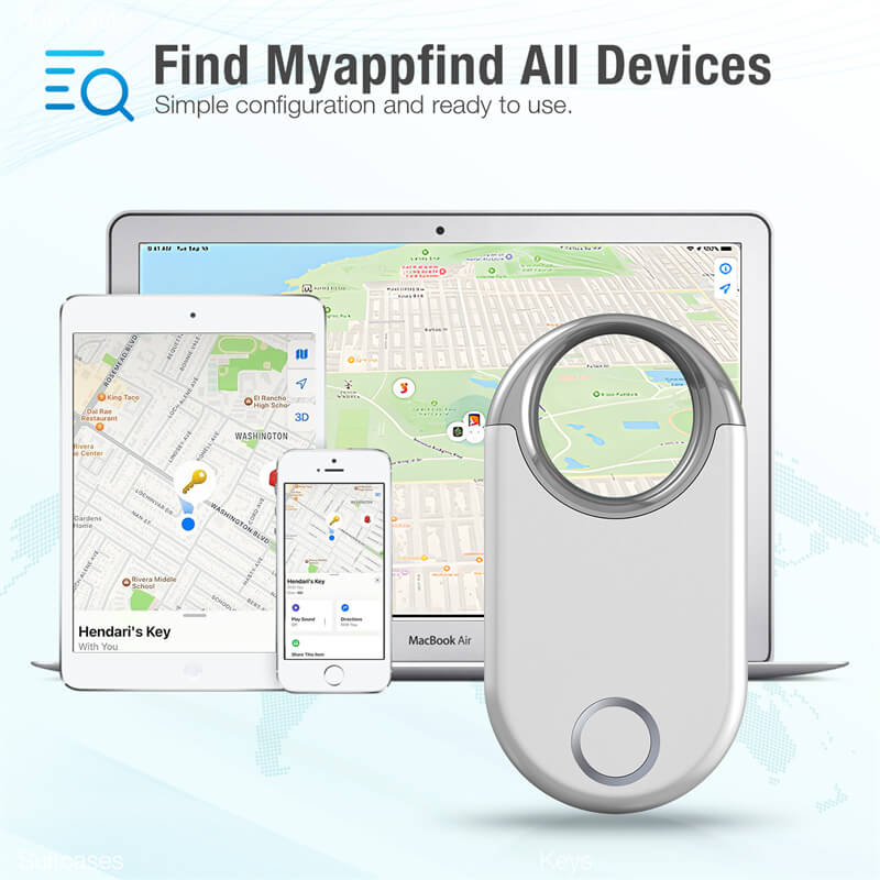 Smart tracking device with smartphone app interface on a white background