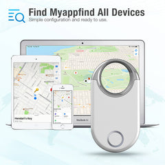 Smart tracking device with smartphone app interface on a white background