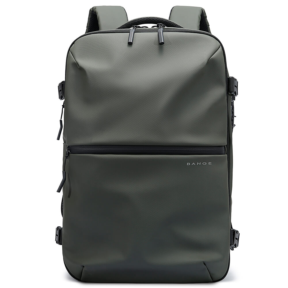 Green backpack with 'Bange' branding on a white background