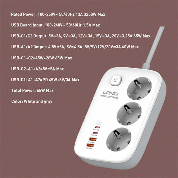 LDNIO 3 Outlets 4 USB 3250W Power Strip #SE3436 – view 5