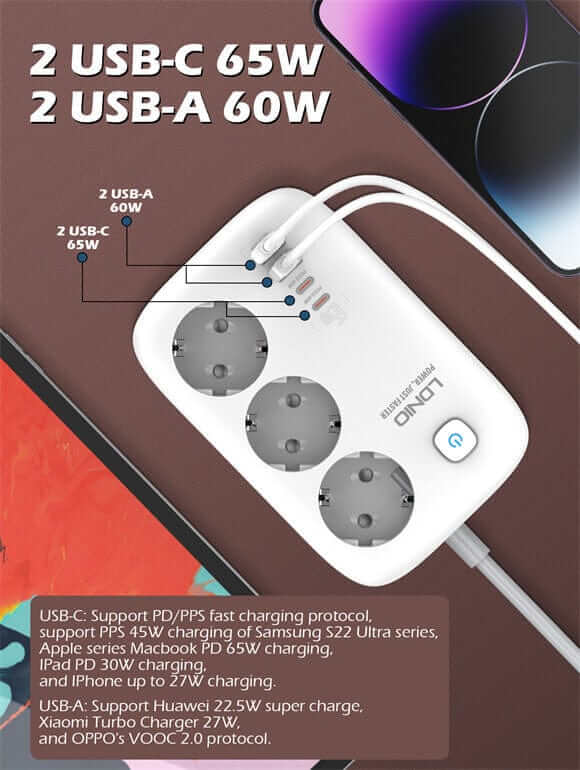 LDNIO 3 Outlets 4 USB 3250W Power Strip #SE3436 – view 6