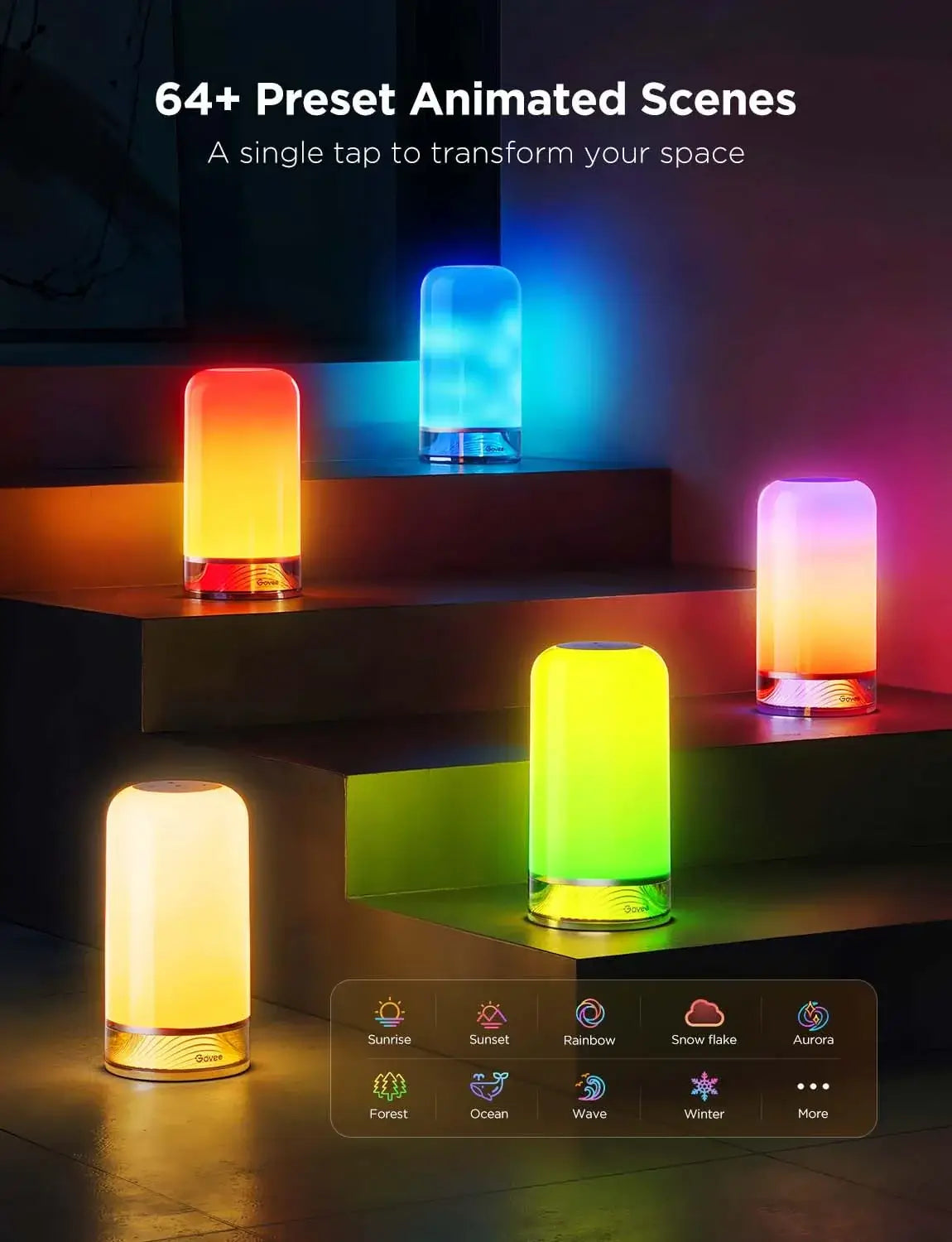 Govee H6022 table lamp displaying 64+ preset animated lighting scenes on a staircase with vibrant RGB colors.