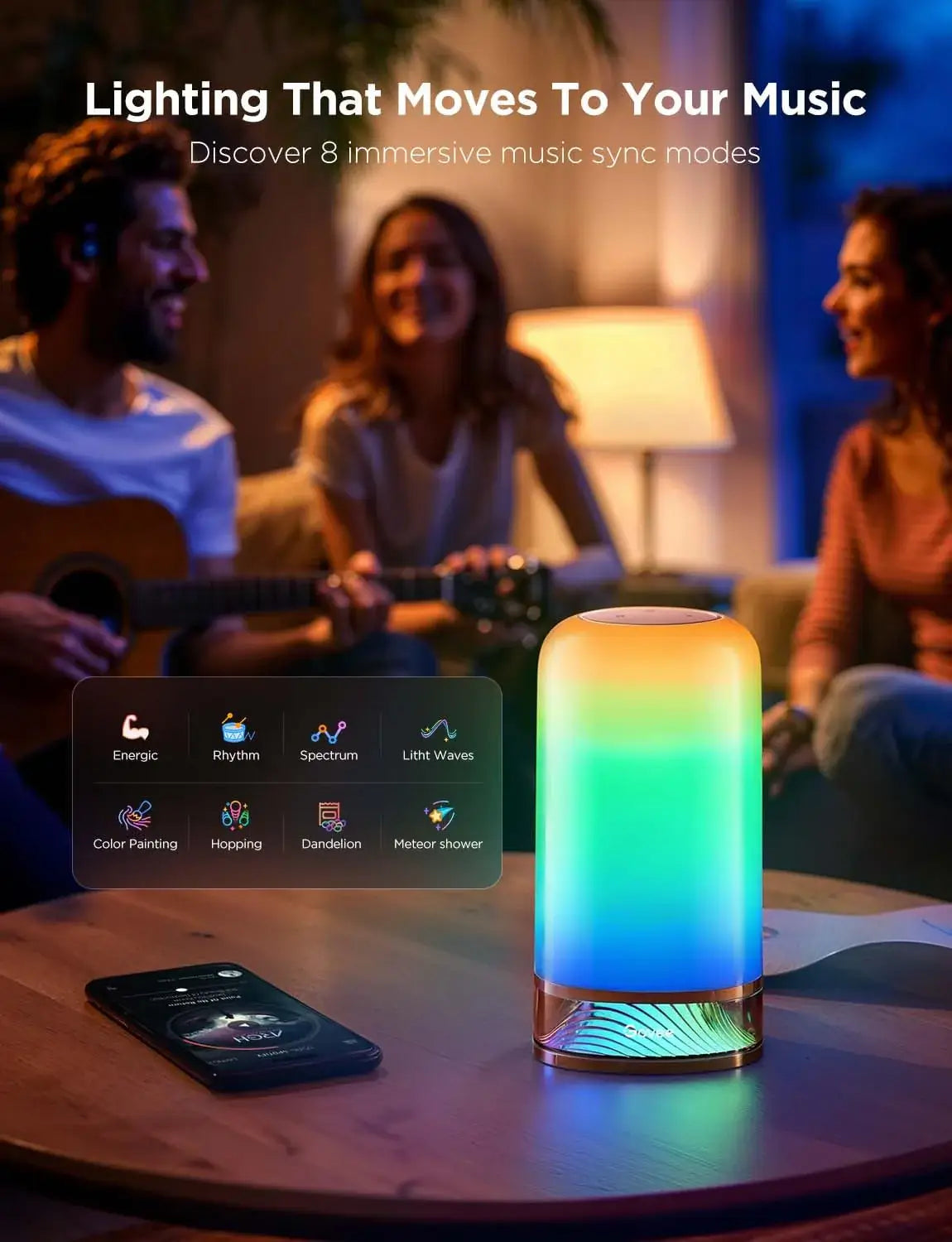 Govee H6022 table lamp with dynamic RGB lighting syncing to music, shown in a cozy setting with people enjoying.