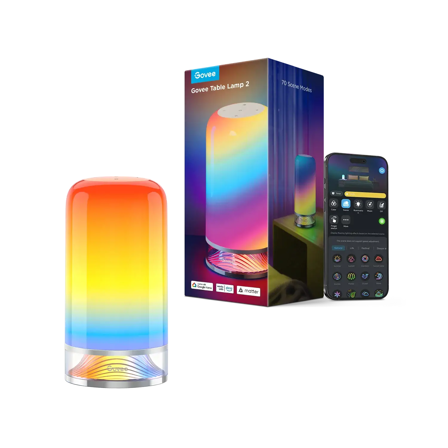 Govee H6022 table lamp showcasing vibrant RGB colors with remote control and packaging.