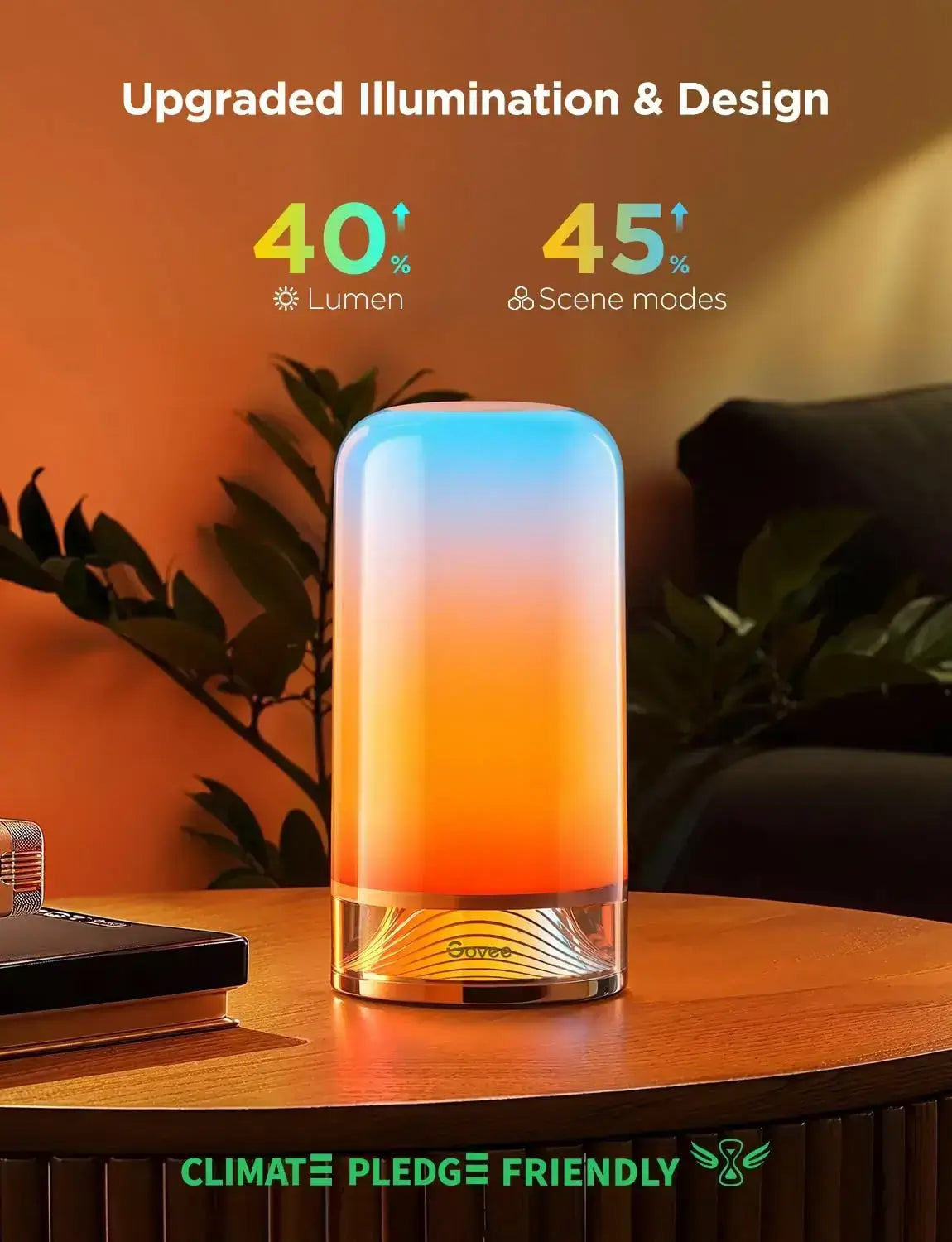 Govee H6022 table lamp showcasing upgraded illumination with 40% lumen brightness and 45 scene modes on a stylish table.