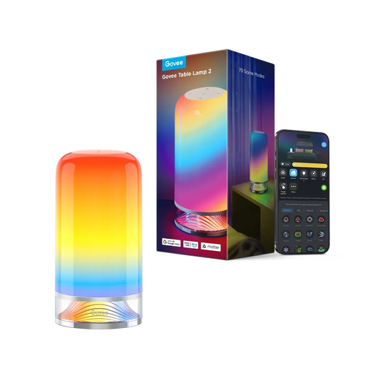 Govee H6022 table lamp showcasing vibrant RGB colors with remote control and packaging.