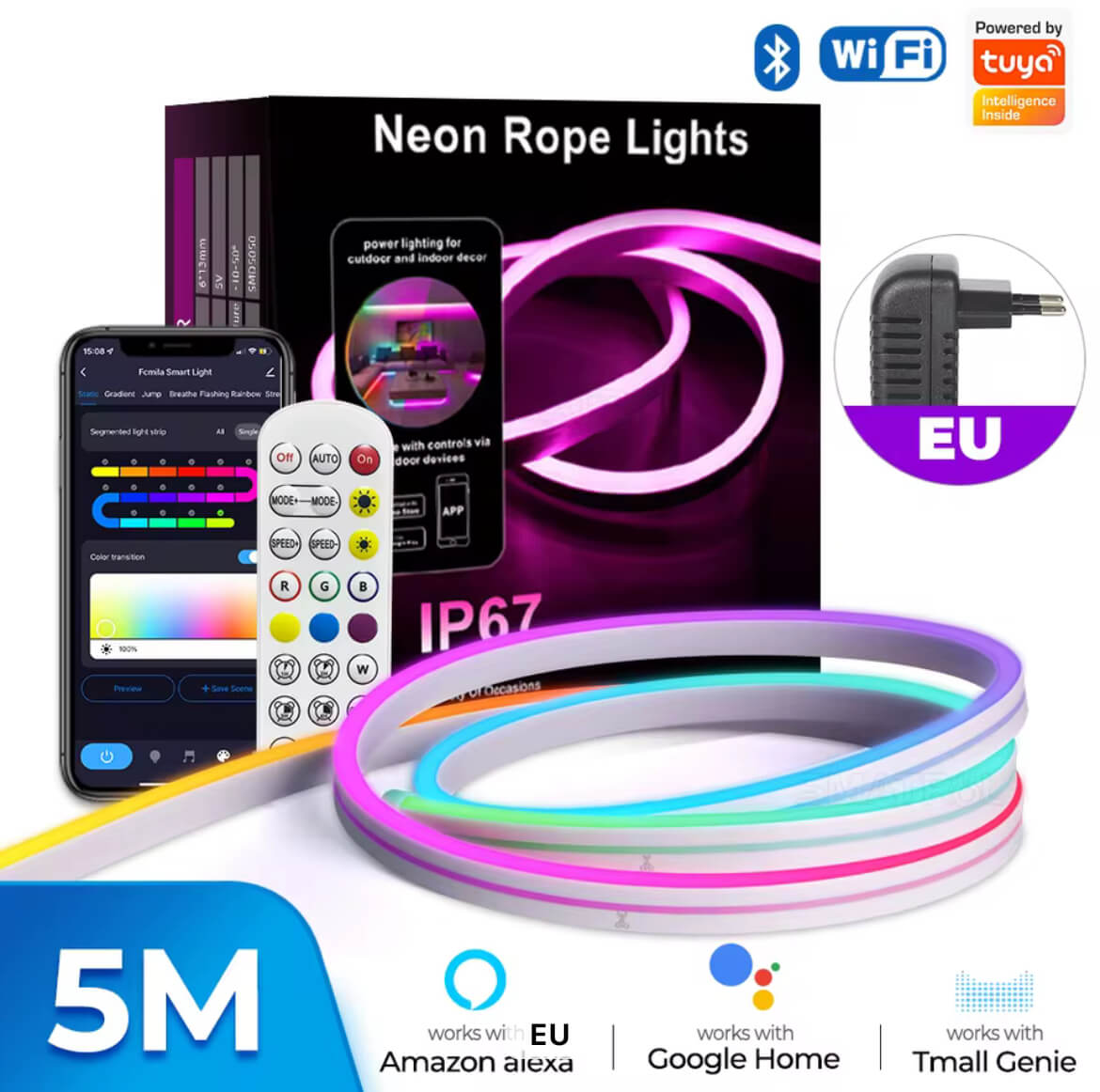 Smart LED Neon Light Strip with Wi-Fi & Bluetooth IR Remote – 5 Meters