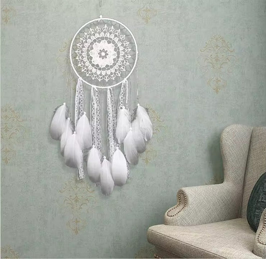 Handmade White Lace Dreamcatcher with Soft Feathers