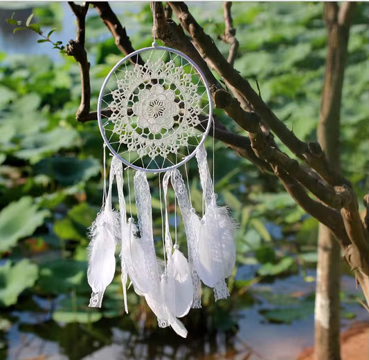 Handmade White Lace Dreamcatcher with Soft Feathers