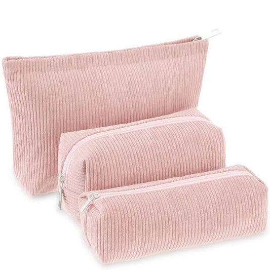 3 Piece Corduroy Cosmetic Pouch Makeup Bag Set