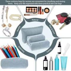 3 Piece Corduroy Cosmetic Pouch Makeup Bag Set