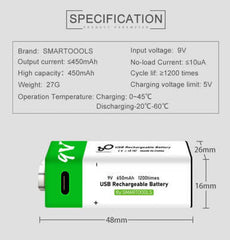 USB C Rechargeable 9V Lithium Battery