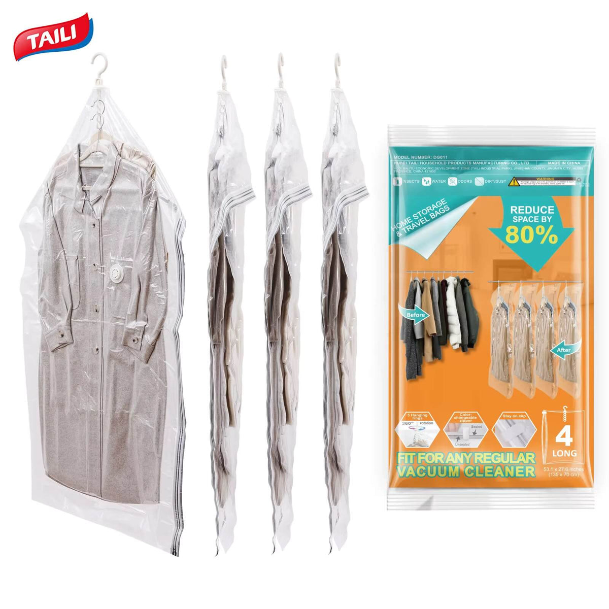 TAILI Hanging Vacuum Storage Bags for Clothes (Pack of 4)