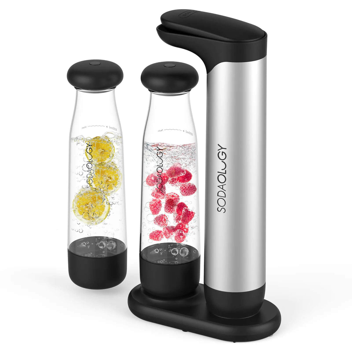 Sodaology carbonation device with two bottles containing fruit infusions on a white background