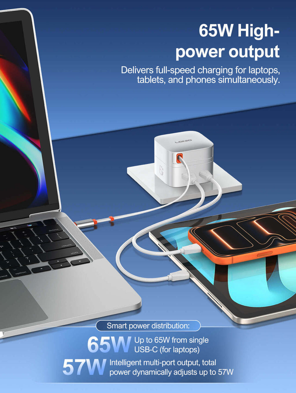 شاحن سريع LDNIO GaN ‏65W مع كابل USB-C قابل للسحب ‎#Q10