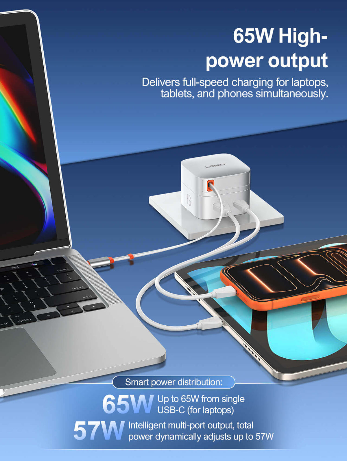 شاحن سريع LDNIO GaN ‏65W مع كابل USB-C قابل للسحب ‎#Q10