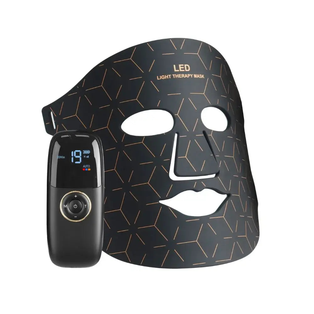LED light therapy mask with digital controller on a white background