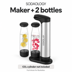 Sodaology maker and two bottles. CO₂ cylinder not included. Fruit shown for illustration.