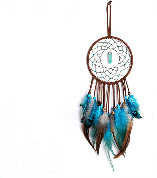Boho Dreamcatcher with Blue Feathers & Crystal Center