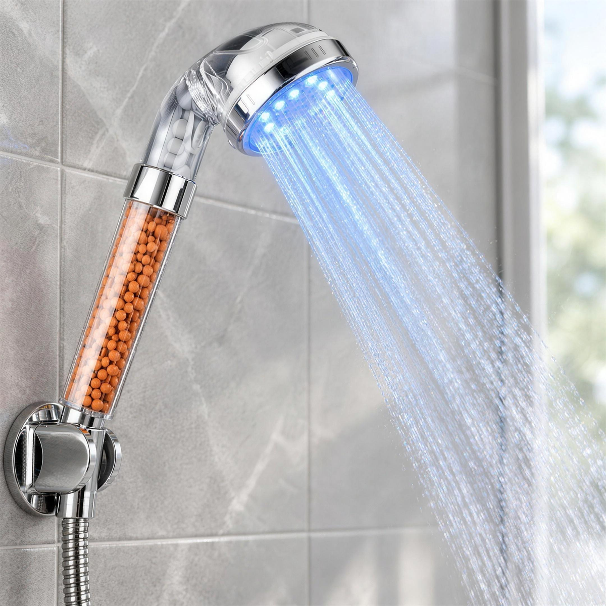 Mineral Filter Shower Head with Light in use