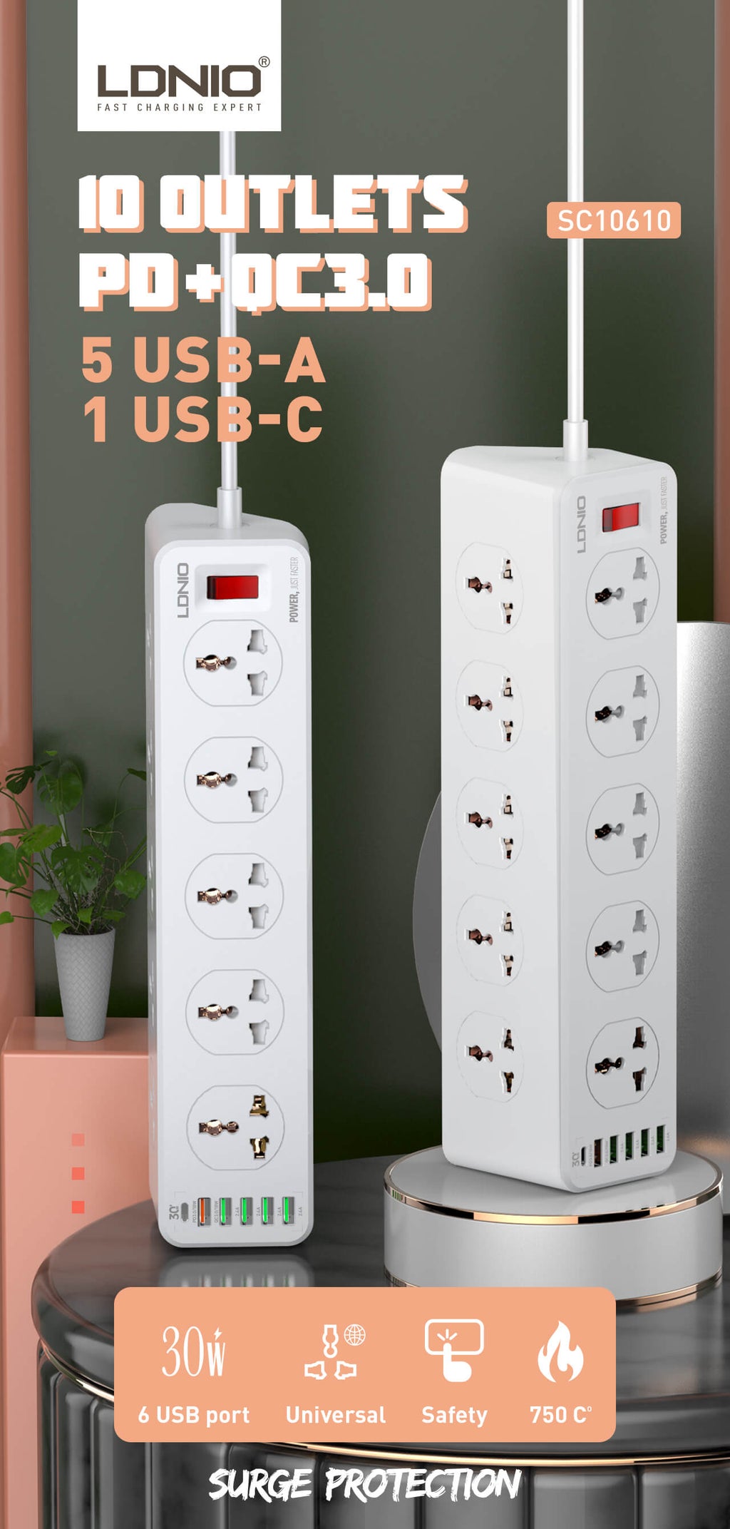 LDNIO 10 AC Outlets Universal Power Strip #SC10610 – view 5