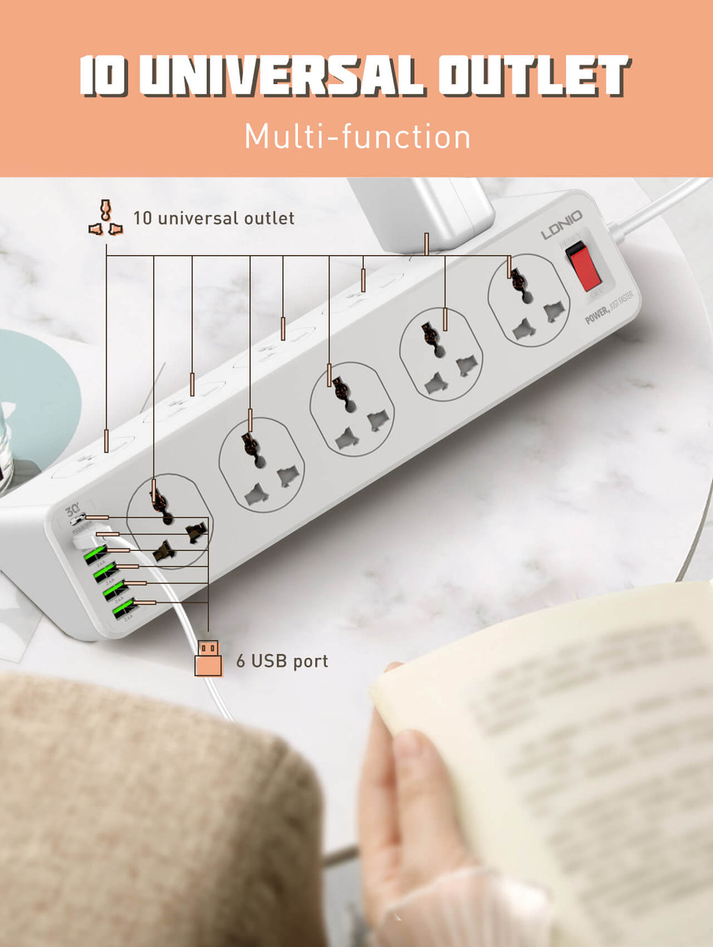 LDNIO 10 AC Outlets Universal Power Strip #SC10610 – view 6