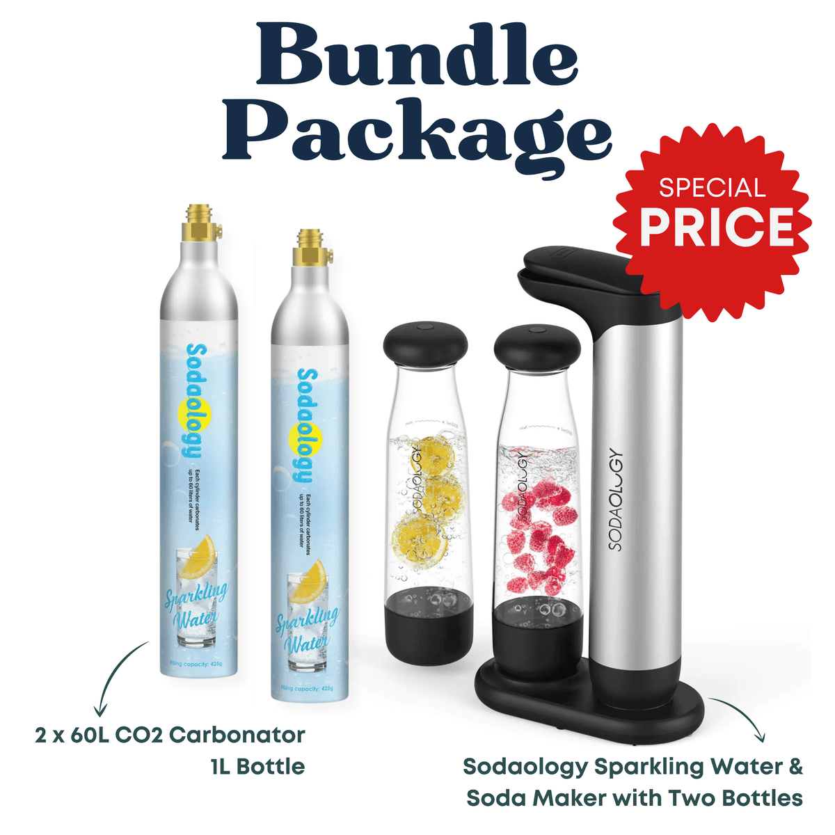 Sodaology Sparkling Water & Soda Maker + CO2 Starter Bundle